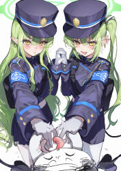 2girls absurdres armband blue_archive blue_armband blue_skirt blush buttons demon_tail double-breasted earrings fang gloves green_hair green_halo halo hat highres hikari_(blue_archive) interlocked_fingers jewelry loli long_hair long_sleeves miniskirt multiple_girls nozomi_(blue_archive) pantyhose pantyhose_under_shorts pointy_ears sensei_(blue_archive) short_shorts shorts siblings sisters skin_fang skirt sweat sweatdrop tail train_conductor twins twintails very_long_hair white_gloves white_pantyhose yamatori yellow_eyes