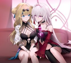 Rule 34 | 2girls, baiser3rd, between legs, black choker, black dress, blonde hair, blue eyes, bow, breasts, breasts apart, bright pupils, chest bow, choker, dress, eyewear on head, hair intakes, hair ornament, highres, honkai (series), honkai impact 3rd, jacket, long hair, long sleeves, midriff, multiple girls, purple bow, purple eyes, red jacket, round eyewear, sitting, songque, songque (astralop), sunglasses, tassel, tassel hair ornament, thelema nutriscu, thelema nutriscu (mad pleasure: shadowbringer), two side up, very long hair, white hair, white jacket, white pupils