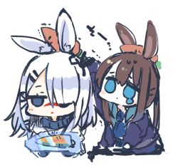 2girls amiya_(arknights) animal_ears arknights blue_eyes brown_hair carrot chibi closed_mouth cropped_torso expressionless food frostnova_(arknights) frozen hair_between_eyes hair_ornament hair_over_one_eye hairclip holding holding_food holding_vegetable ice jacket long_hair long_sleeves looking_at_another looking_at_viewer multiple_girls on_head open_clothes open_jacket ponytail purple_jacket rabbit_ears rabbit_girl scar scar_on_face scar_on_nose simple_background sukima_(crie) sweatdrop tearing_up trembling upper_body vegetable white_background white_hair