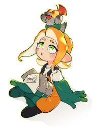 Rule 34 | 1girl, :o, animal, animal on head, baseball cap, boots, colored tongue, commentary, elbow gloves, full body, gloves, green boots, green eyes, green gloves, green outline, hat, highres, inari1369, invisible chair, looking up, medium hair, nintendo, octoling, octoling girl, octoling player character, on head, open mouth, orange hair, orange overalls, orange tongue, outline, overalls, parted bangs, rubber boots, rubber gloves, salmon run (splatoon), salmonid, shirt, sitting, smallfry (splatoon), splatoon (series), symbol-only commentary, tentacle hair, unworn headwear, white background, white shirt