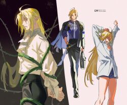 Rule 34 | 1boy, ahoge, arms behind back, arms up, artist name, black jacket, black pants, black shoes, blonde hair, blood, blood from mouth, blue male underwear, bound, bound arms, closed eyes, closed mouth, collared shirt, cowboy shot, fang, grey eyes, hand in pocket, heterochromia, highres, hugo vlad, jacket, jacket partially removed, long hair, long sleeves, looking ahead, male focus, male underwear, mole, mole under eye, multiple views, necktie, open mouth, pants, parted bangs, parted lips, plant, pointy ears, puffy long sleeves, puffy sleeves, purple shirt, red eyes, shirt, shirt tucked in, shoes, standing, stretching, thorns, twitter username, underwear, very long hair, vines, watermark, white necktie, white shirt, wing collar, yawning, yotsuban, zenless zone zero