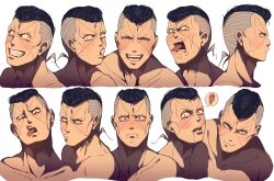 Rule 34 | 1boy, black hair, chart, diamond wa kudakenai, drooling, multiple expressions, grey hair, grin, happy, highres, hungry, jojo no kimyou na bouken, male focus, multicolored hair, multiple views, nijimura okuyasu, pompadour, portrait, pout, profile, siniy, smile, smug, surprised, tongue, tongue out, topless male, two-tone hair