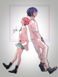 Rule 34 | 1boy, 1girl, amate yuzuriha, aqua eyes, back-to-back, blue hair, collared shirt, commentary, full body, gloves, grey background, gundam, gundam gquuuuuux, hashtag-only commentary, highres, long sleeves, necktie, pants, red eyes, red hair, school uniform, sh machu, shirt, shoes, short hair, short sleeves, shuji ito, skirt, standing, standing on one leg, sweater, white shirt