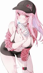 Rule 34 | 1girl, abs, absurdres, alternate costume, baseball cap, bent over, bike shorts, black shorts, black sports bra, blunt bangs, breasts, cleavage, closed mouth, commentary, english commentary, hat, highres, hololive, hololive english, jacket, kamiya maneki, large breasts, long hair, looking at viewer, mori calliope, navel, open clothes, open jacket, pink eyes, pink hair, pink jacket, ponytail, short shorts, shorts, sidelocks, simple background, single off shoulder, solo, sports bra, track jacket, virtual youtuber, white background