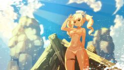 1girl aduare animated arm_behind_back arm_up barbara_(genshin_impact) barbara_(summertime_sparkle)_(genshin_impact) bare_shoulders bikini_tan blonde_hair blue_eyes cleft_of_venus completely_nude cowboy_shot day genshin_impact hat light_rays looping_animation nude outdoors pixel_art sailor_hat shading_eyes solo sunbeam sunlight tan tanline thigh_strap twintails white_hat wind