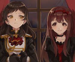 Rule 34 | 2girls, ascot, black choker, brown eyes, brown hair, choker, closed mouth, epaulettes, hairband, hano9789, highres, idolmaster, idolmaster million live!, indoors, kitazawa shiho, long hair, long sleeves, looking at another, multiple girls, red ascot, red hair, red hairband, serious, sideways glance, smile, tanaka kotoha, upper body, window, yuri