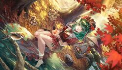 Rule 34 | 1girl, barefoot, bow, breasts, dress, green eyes, green hair, haruno (kuromitugozen), highres, kagiyama hina, looking at viewer, red bow, red dress, red ribbon, ribbon, second-party source, smile, solo, touhou, touhou danmaku kagura, water