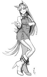 1girl animal_ears armband bare_shoulders blunt_bangs boots bow bowtie buttons collared_dress dress ear_covers full_body gold_ship_(umamusume) greyscale hat high_heel_boots high_heels horse_ears horse_girl horse_tail koyubi_(littlefinger1988) long_hair monochrome pillbox_hat pointing sleeveless sleeveless_dress smile solo tail umamusume white_background