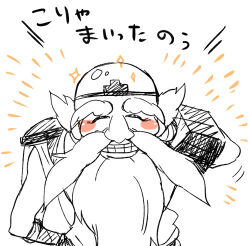Rule 34 | 1boy, arm behind head, bald, beard, blush stickers, closed eyes, dyntos, facial hair, kid icarus, kid icarus uprising, lowres, male focus, mustache, nintendo, old, old man, sketch, sparkle, spot color, teeth, translation request, yukigi