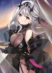 1girl bandaged_head bandages black_dress black_gloves black_tiara blush breasts cleavage closed_mouth dress gloves goddess_of_victory:_nikke grey_hair large_breasts long_hair modernia_(nikke) modernia_(second_affection)_(nikke) official_alternate_costume red_eyes ry_thae smile solo tiara