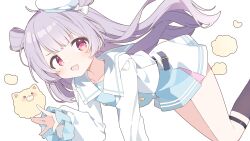 1girl :d absurdres blunt_bangs blush bow brown_socks character_request collarbone commentary_request commission copyright_request feet_out_of_frame hair_bow hat highres long_hair long_sleeves looking_at_viewer open_mouth purple_hair red_eyes shirt simple_background skeb_commission skirt smile socks solo urotsuki_(ku9625) white_background white_bow white_hat white_shirt white_skirt