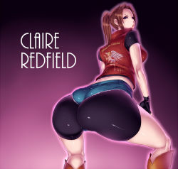 Rule 34 | 1girl, ass, ass shake, bike shorts, bike shorts under shorts, biker clothes, blue eyes, boots, brown hair, capcom, claire redfield, cowboy boots, cutoffs, dancing, denim, denim shorts, female focus, fingerless gloves, from behind, gloves, huge ass, knee boots, kneepits, long hair, looking back, midriff, naughty face, ponytail, resident evil, resident evil 2, sawao, shirt, short shorts, shorts, solo, squatting, t-shirt, thighs, vest
