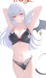 1girl absurdres armpits arms_behind_head black_bra black_panties blue_archive bra breasts cleavage commentary_request cowboy_shot demon_tail demon_wings embroidered_bra embroidered_panties hair_flowing_over hair_ribbon halo haruna_(blue_archive) highres large_breasts light_blush lingerie long_hair mi7t0 multi-tied_hair navel panties piercing red_eyes red_halo ribbon sidelocks simple_background smile solo standing stomach tail teeth thigh_gap underwear white_background white_hair wing_piercing wings