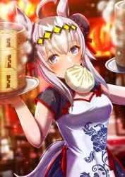 Rule 34 | 1girl, ahoge, alternate costume, animal ears, artist name, blue eyes, blurry, blurry background, blush, breasts, china dress, chinese clothes, commentary request, cowboy shot, dated commentary, double bun, dress, food, grey hair, hair between eyes, hair bun, hair ornament, highres, holding, holding tray, horse ears, horse girl, horse tail, indoors, medium breasts, mouth hold, multicolored hair, oguri cap (umamusume), otono (bkt4b), short sleeves, sidelocks, solo, steamed bun, streaked hair, tail, tassel, tray, umamusume, white dress