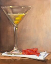 Rule 34 | alcohol, cocktail glass, commentary, cup, drink, drinking glass, english commentary, food, food focus, gummy candy, highres, napkin, no humans, noah verrier, oil painting (medium), olive, original, painting (medium), still life, traditional media