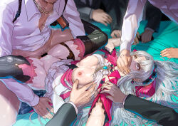 1girl aqua_eyes azasuke black_gloves boots bow carlotta_(wuthering_waves) clothes_lift covering_another&#039;s_mouth dress female_pubic_hair gagged gloves hair_bow hairband hand_gagged hand_over_another&#039;s_mouth highres jacket male_pubic_hair multiple_boys nipples no_pants on_bed panties panties_around_leg parted_bangs pink_bow pink_hairband pink_jacket pink_thighhighs pubic_hair rape restrained sex skirt skirt_lift spread_legs striped_bow tears thighhighs thighhighs_under_boots torn_clothes torn_dress underwear vaginal white_dress wuthering_waves