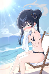 Rule 34 | 1girl, absurdres, bikini, black bikini, black hair, blue archive, blue eyes, blue sky, breasts, chair, cloud, day, double bun, feet out of frame, hair bun, highres, kisaki (blue archive), long hair, lounge chair, outdoors, sitting, sky, small breasts, solo, swimsuit, syyr0502, towel, towel around neck, twintails