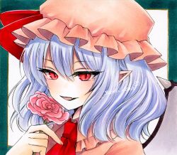1girl artist_name ascot bat_wings blue_hair collared_shirt commentary_request fang flower frilled_shirt_collar frills hair_between_eyes hat highres holding holding_flower looking_at_viewer mob_cap open_mouth pink_flower pink_hat pink_shirt red_ascot red_eyes red_nails red_ribbon remilia_scarlet ribbon rose shirt short_hair signature skin_fang smile solo touhou upper_body wings yuuki_hana_(jtnp5334)