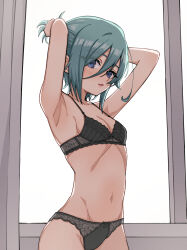 1girl absurdres armpits arms_up bare_arms black_bra black_panties blue_eyes bra breasts commentary cowboy_shot english_commentary eyes_visible_through_hair green_hair groin hair_between_eyes highres indoors jjum_pp kimi_no_koto_ga_dai_dai_dai_dai_daisuki_na_100-nin_no_kanojo lace lace_bra lace_panties light_blush looking_at_viewer nakaji_uto navel open_mouth panties short_hair small_breasts solo stomach tying_hair underwear underwear_only window