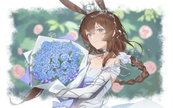 1girl absurdres amiya_(arknights) animal_ears arknights bare_shoulders blue_eyes blue_flower blue_rose blurry blurry_background border bouquet brown_hair closed_mouth commentary dress flower hair_between_eyes highres holding holding_bouquet jinsei_tsuraiman light_smile long_hair looking_at_viewer outside_border rose solo white_border white_dress white_flower