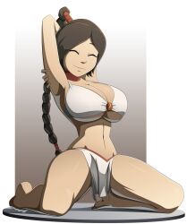 1girl arm_behind_head avatar:_the_last_airbender avatar_legends bikini breasts brown_hair choker curvy highres huge_breasts long_hair narrow_waist pelvic_curtain ravenravenraven red_choker smile swimsuit thighs ty_lee very_long_hair white_bikini