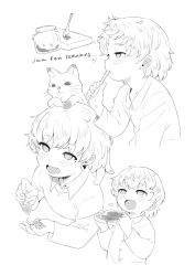 1girl animal blush bread_slice brushing_teeth cat child eating female_focus food heart highres holding holding_food jam jar mole mole_under_eye monochrome nekopantsu_(blt) open_mouth original pajamas solo toast toothbrush