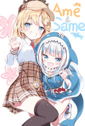2girls animal_hood black_thighhighs blonde_hair blue_eyes blue_hair blue_hoodie blue_nails brown_hat brown_skirt claw_pose collared_shirt commentary_request deerstalker fins fish_tail gawr_gura grin hand_on_another&#039;s_waist hat high-waist_skirt highres hololive hood hood_up hoodie long_sleeves looking_at_viewer medium_hair multicolored_hair multiple_girls necktie open_mouth plaid_clothes plaid_skirt pleated_skirt red_necktie shark_hood shark_tail sharp_teeth shirt shoes skindentation skirt smile streaked_hair tail takahashi_tetsuya teeth thighhighs two-tone_hair virtual_youtuber watson_amelia white_hair white_shirt white_shoes