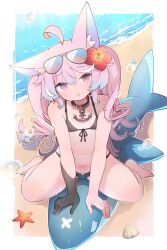 1girl ahoge anchor animal_ears bad_source barcode barcode_tattoo bare_legs barefoot beach bikini black_bikini black_bow black_gloves black_panties blush bow breasts collar curly_hair day eyewear_on_head facing_viewer flower fox_ears fox_girl gloves gradient_hair hair_between_eyes hair_flower hair_ornament highres indie_virtual_youtuber long_bangs long_hair multicolored_hair navel ocean official_art outdoors panties pink_hair purple_eyes shadow shark shell sidelocks sitting smile solo starfish swimsuit tattoo teletha_(vtuber) tongue tongue_out underwear virtual_youtuber wariza
