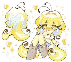 1girl angel_wings antenna_hair armored_boots bare_shoulders blonde_hair boots butterfly_wings colored_skin cookie_run cookie_run:_kingdom curly_eyebrows floating_hair highres humanization insect_wings katkit637729776 layered_clothes leotard long_hair looking_at_viewer sugarfly_cookie very_long_hair wings yellow_leotard yellow_skin