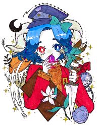 Rule 34 | 1girl, 66mmnmm66, blue hair, book, bow, bright pupils, dagger, fairy, flower, goat horns, green bow, hat, heterochromia, highres, holding, holding dagger, holding knife, holding weapon, horns, key, knife, long fingers, looking at viewer, mandrake, milk, no humans, ofelia, pan&#039;s labyrinth, peaked cap, pocket watch, red shirt, red shoes, shirt, shoes, short hair, solo, sparkle, traditional media, unworn shoes, watch, weapon, white background, white flower, white pupils
