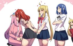 5girls absurdres ahoge arms_behind_back black_ribbon black_skirt blonde_hair blue_hair blue_skirt blush bocchi_the_rock! bow bowtie commentary cowboy_shot detached_ahoge english_commentary from_side gotoh_hitori heart highres hinghoi ijichi_nijika ijichi_seika kiss kita_ikuyo leaning_forward long_hair looking_at_another multiple_girls neck_ribbon off-shoulder_shirt off_shoulder own_hands_together pink_hair pleated_skirt polka_dot polka_dot_bow red_bow red_bowtie red_hair red_shirt ribbon school_uniform shirt short_hair short_sleeves sitting skirt smile stool thighs white_shirt yamada_ryo yuri