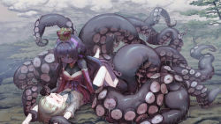 &gt;_&lt; 2girls absurdres assertive_female black_hair black_sclera blush breasts colored_sclera colored_skin crown detached_sleeves girl_on_top grey_skin grey_sky highres kyo_mizusawa large_breasts licking_lips long_hair lying monster_girl multiple_girls on_back open_mouth original overcast pleated_skirt pointy_ears sailor_collar school_uniform scylla shirt short_sleeves skirt sky slimy small_breasts suction_cups tentacles tongue tongue_out wet wet_clothes yuri