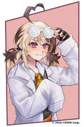 1girl absurdres adjusting_eyewear ahoge alternate_costume black_gloves blonde_hair brown_hair closed_mouth coat coke-bottle_glasses collared_shirt commentary copyright_notice ear_piercing english_commentary eyewear_on_head fang fingerless_gloves gigi_murin glasses gloves heart heart_ahoge highres hololive hololive_english lab_coat lapels messy_hair multicolored_hair nail_polish necktie notched_lapels official_art orange_nails orange_necktie piercing pink_background pink_eyes round_eyewear shirt short_hair short_twintails simple_background single_sleeve_past_fingers solo twintails two-tone_hair upper_body virtual_youtuber white_coat yuulianda
