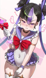 1girl absurdres angry black_hair black_thighhighs blush cameltoe choker collarbone covered_navel cowboy_shot double_bun dutch_angle embarrassed frills gloves goddess_of_victory:_nikke gradient_background hair_bun hair_ribbon highres holding holding_wand jindogod leotard looking_at_viewer magical_girl multicolored_hair pink_background purple_eyes purple_hair ribbon solo standing syuen_(nikke) tears thighhighs wand white_gloves white_hair white_leotard