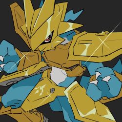 arm_guards armor bakamaokun black_background blue_horns blue_skin bracer breastplate claws colored_skin covered_mouth creature creature_focus crotch_plate digimoji digimon digimon_(creature) fewer_digits from_above glint gold gold_armor gold_bracer gold_mask hands_up highres horns looking_at_viewer magnamon mask outstretched_arms pauldrons red_eyes shin_guards shoulder_armor solo sparkle tail