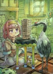 1girl animal bird closed_mouth crane_(animal) cushion hairband indoors jenga kibori_kuma long_hair mugi_sada nervous original pink_hair plant potted_plant purple_eyes sitting sweatdrop table window yellow_hairband yokozuwari