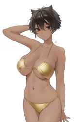 1girl animal_ears arm_behind_head bikini black_hair breasts cleavage collarbone dark-skinned_female dark_skin gold_bikini hair_between_eyes highres looking_at_viewer micchan_(ohisashiburi) ohisashiburi original red_eyes short_hair signature skindentation solo swimsuit thighs white_background