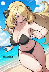 1girl beach black_bra black_panties blonde_hair bra breasts cynthia_(pokemon) hair_ornament hair_over_one_eye highres large_breasts long_hair nintendo ocean panties pokemon pokemon_dppt smile solo sun sweat thighs twitter_username underwear very_long_hair ylvanne