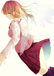 Rule 34 | 1girl, ahoge, akamatsu kaede, angel wings, ass, blonde hair, breasts, closed eyes, collared shirt, commentary request, crest, danganronpa (series), danganronpa v3: killing harmony, fortissimo, from side, gomabu (rirurutennsi), hair ornament, kneehighs, long hair, long sleeves, musical note, musical note hair ornament, musical note print, partial commentary, pink sweater vest, pink vest, pleated skirt, profile, school uniform, see-through wings, shirt, skirt, smile, socks, solo, sweater vest, vest, white background, white bag, white shirt, wind, wind lift, wings