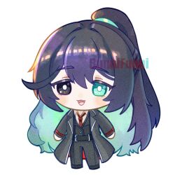 Rule 34 | 1boy, black coat, black eyes, black hair, black pants, black vest, blue eyes, blue hair, bright pupils, coat, collared shirt, colored inner hair, full body, funnibunni, heterochromia, high ponytail, highres, hong lu (project moon), limbus company, long hair, long sleeves, looking at viewer, male focus, multicolored hair, necktie, open mouth, pants, ponytail, project moon, red necktie, shirt, simple background, solo, standing, very long hair, vest, white background, white pupils, white shirt
