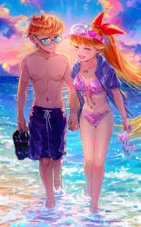 Rule 34 | 1boy, 1girl, absurdres, aged up, aitommylove, beach, bikini, black male swimwear, blossom (ppg), blue eyes, breasts, cartoon network, closed eyes, collarbone, dexter&#039;s laboratory, dexter (dexter&#039;s laboratory), front-tie bikini top, front-tie top, glasses, hair ribbon, highres, holding, holding footwear, holding sandals, holding shoes, holding unworn clothes, hood, hooded jacket, jacket, jewelry, long hair, male swimwear, midriff, navel, necklace, nipples, ocean, open mouth, orange hair, pink bikini, powerpuff girls, purple jacket, red ribbon, ribbon, sandals, shoes, signature, small breasts, smile, stomach, sunset, swimsuit, topless male, unworn shoes, visor cap, wading