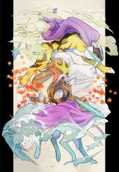 autumn_leaves claws closed_mouth commentary_request entei fangs gen_2_pokemon highres leaf legendary_pokemon letterboxed nigiri_(ngr24) nintendo no_humans open_mouth orange_eyes outside_border pokemon pokemon_(creature) raikou smoke suicune toes tongue tusks water