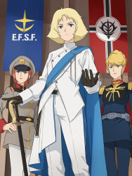 3girls artesia_som_deikun black_eyes blue_coat blue_eyes blue_pants blue_sash cape coat crowley_hamon earth_federation earth_federation_space_forces epaulettes feet_out_of_frame flag gquuuuuux grey_coat grey_hat gundam gundam_gquuuuuux hand_on_own_hip hat highres holding holding_sword holding_weapon laofuzi_dai_bansho matilda_ajan military_uniform multiple_girls orange_hair pants sash sayla_mass short_hair standing sword weapon white_cape white_coat white_pants zeon