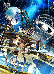 2girls absurdres blonde_hair blue_hair blue_robe book book_stack broom broom_riding commentary_request edoya_inuhachi full_body full_moon hat highres long_hair madou_monogatari moon multiple_girls observatory observatory_dome orrery puyopuyo robe sky star_(sky) starry_sky telescope witch_(puyopuyo)