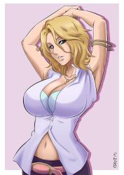 armpits arms_up artist_name belt bleach bleach:_sennen_kessen-hen blonde_hair blue_eyes border breasts casual chain chain_necklace collarbone highres ivizard_art93 jewelry large_breasts matsumoto_rangiku medium_hair mole mole_under_mouth necklace simple_background white_border