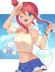 Rule 34 | 1girl, absurdres, bare shoulders, bikini, bikini under clothes, bikini under shorts, blue eyes, blue shorts, breasts, collarbone, crop top, denim, denim shorts, gen 2 pokemon, hair ornament, highres, jumpluff, looking at viewer, midriff, navel, nintendo, off-shoulder shirt, off shoulder, official alternate costume, one eye closed, one side up, open mouth, pokemon, pokemon (creature), pokemon masters ex, red hair, ryusa (gjgd7445), shirt, shorts, sidelocks, skyla (pokemon), skyla (summer 2025) (pokemon), smile, swimsuit, teeth