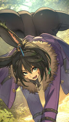 1girl absurdres animal_ears ass black_hair black_pants bow braid coat day facial_mark fang final_fantasy final_fantasy_xiv flexible gang green_bow green_eyes green_hair hair_between_eyes hair_bow handstand hide_(hideout) highres long_sleeves looking_at_viewer multicolored_hair open_mouth outdoors outstretched_arms pants rabbit_ears side_braid smile solo spread_legs two-tone_hair upside-down viera warrior_of_light_(ff14)