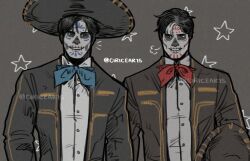 batman_(series) black_hair blue_eyes brothers calavera charro ciricearts dc_comics dia_de_muertos dick_grayson facepaint hat highres jacket jason_todd male_focus mariachi mexican_clothes mexico multicolored_hair multiple_boys muscular muscular_male open_clothes short_hair siblings skeleton skull skull_facepaint smile sombrero two-tone_hair white_hair