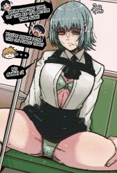 1boy 1girl ? ?? black_skirt bra breasts chainsaw_man closed_mouth collared_shirt denji_(chainsaw_man) english_text fami_(chainsaw_man) green_bra green_panties grey_hair highres katana_man_(chainsaw_man) mark_gavatino medium_breasts mitaka_asa panties ringed_eyes shirt sitting skirt speech_bubble spread_legs train_interior underwear white_shirt yellow_eyes