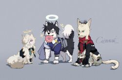 animalization arknights bassline_(arknights) broken_halo cat dog donut enforcer_(arknights) executor_(arknights) executor_the_ex_foedere_(arknights) food green_necktie grey_background hair_over_one_eye halo highres insider_(arknights) linmtalfred mouth_hold necktie no_humans red_scarf scarf simple_background sparkle